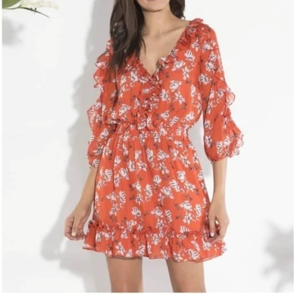 Shoshanna Silk Chiffon Praiano Floral Print Ruffle Trim Mini Dress Size 2 Orange